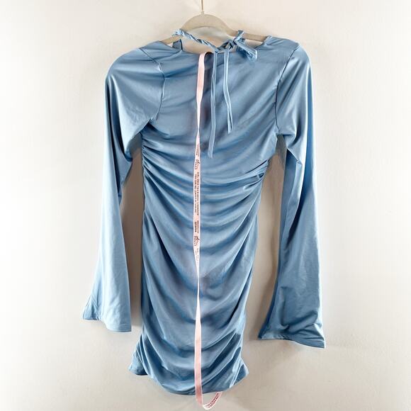 Oh Polly Short and Sweet Halter Cutout Long Bell Sleeve Mini Dress Blue 6 - Picture 6 of 8